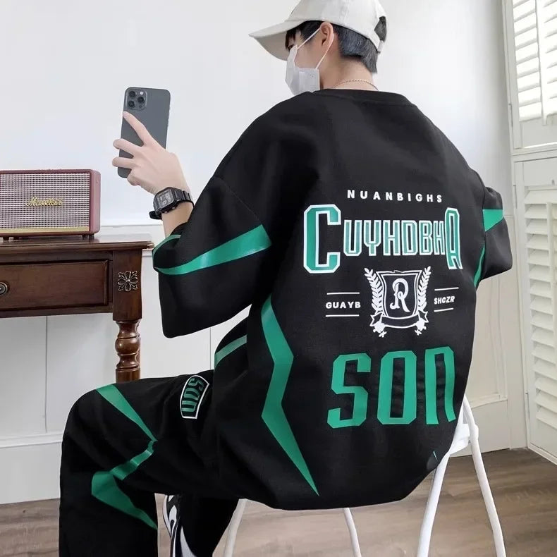 Male T Shirt Trousers Sets Smooth Sports Suits Alphabet Men's Pants Set Two-piece Outfits Xl Offer Korean Style Stylish Casual