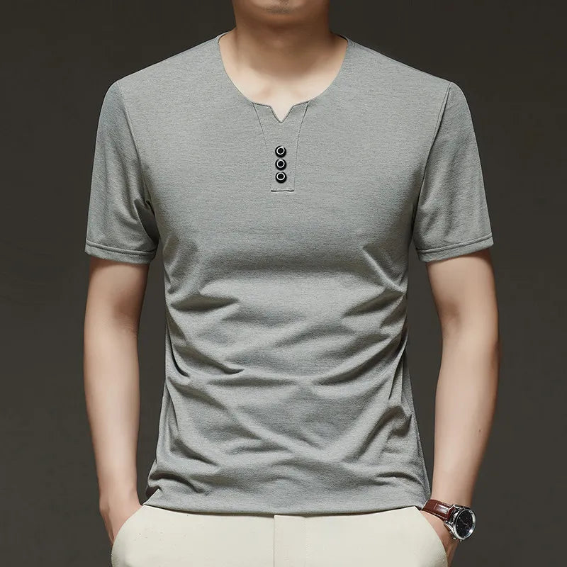 Three Button V-neck T-shirt Men 2026 New Men's Business Casual Short Sleeve Tshirt Korean Style Summer Comfortable Versatile Top
