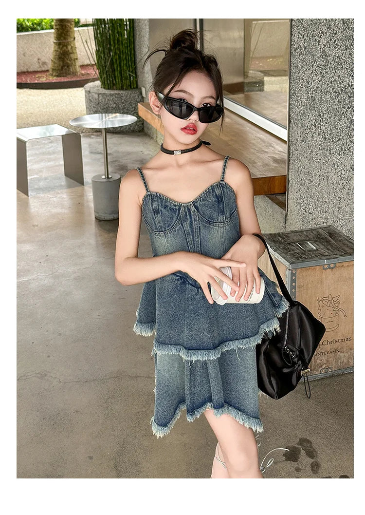 Teen Girls Denim Dresses Summer Sleeveless One-Piece Clothes Kids Jumpsuit Overalls Solid Color Dress Fashion Children's Costume