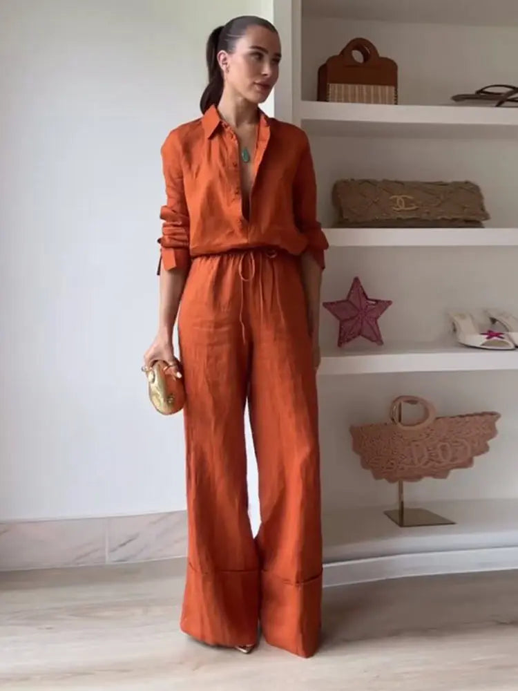 Shirt Trousers 2 Pieces Set For Women Solid Turn Down Collar Long Sleeves Single Breasted Top Lace Up Pants 2025 Ladies Outfits