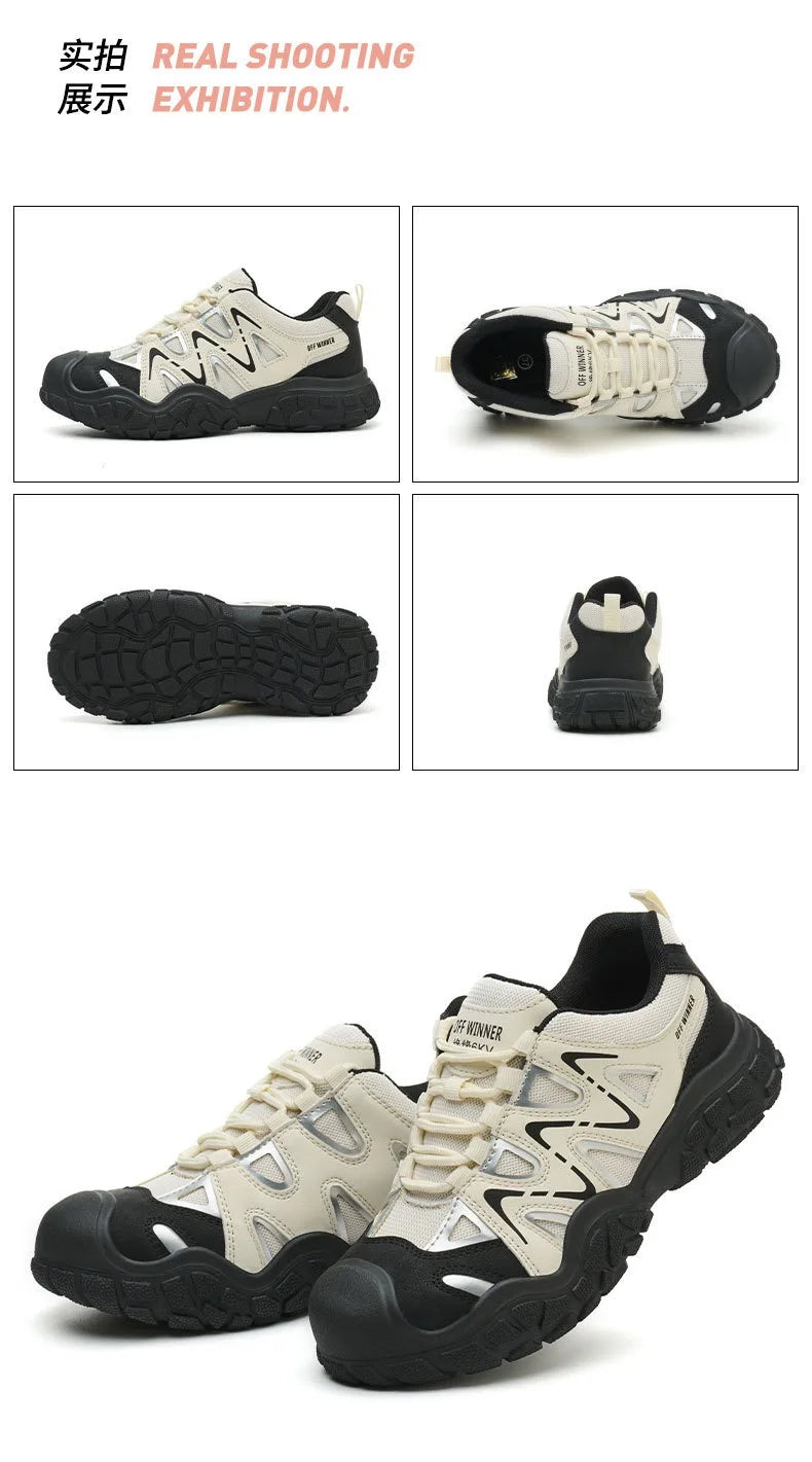 Women's safety shoes with steel toe caps, anti smashing and anti puncture rotating buttons, no tie up, hot selling shoes