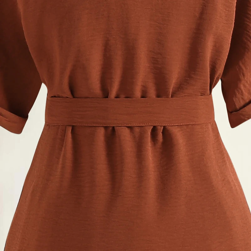 Girls 8-12 Casual Dress, Brown Lapel Short Sleeve Belted Ruched Bodycon Shirt Dress, Retro and Elegant for Daily Wear
