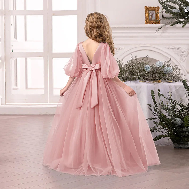 Teenage Girls Christmas Party Dresses For Children V Back Big Bow Tulle Long Dress For Kids Birthday Party Wedding Pageant Gown