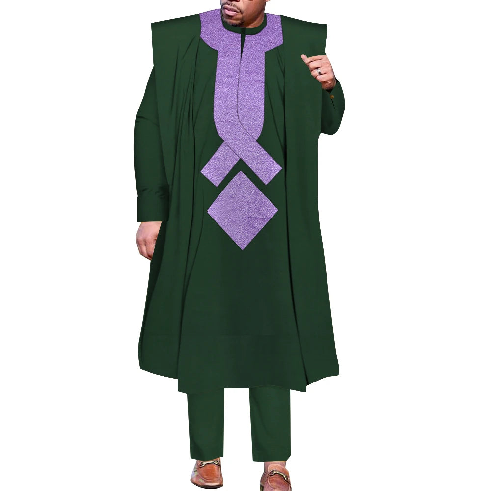 African Men Boubou Dashiki Agbada Robe Suits 3 Piece Sets Slim Men African Outfit Nigerian Clothes Bazin Riche Robe WYN1361