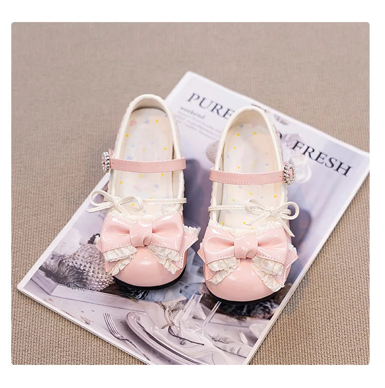 Girl Princess Shoes Spring 2026 New Bow French Heels Leather Shoe Sweet Lolita Party Dress Shoes Children's Mary Jane Size 26-36