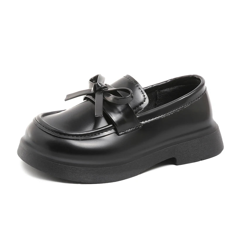 Girls Leather Shoes for Students School Uniform Shoes Black Matte 2025 New Fashion Children Flat Shoes Simple Bows Soft Sole