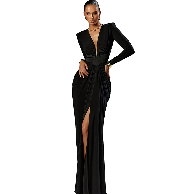 Nibber Elegant Women Dress Deep v-Neck Long Sleeves High Slits Skinny Solid Classic Premium Ruffles Temperament Banquet Vestidos