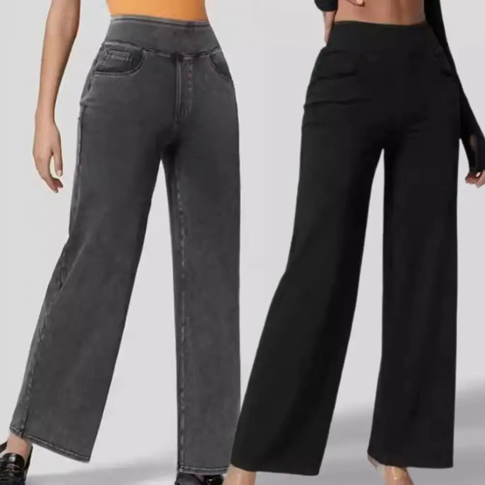 Women Jeans Elastic High Waist Slim Fit Slightly Flared Pull-On Wide Leg Long Denim Pants With Pockets Solid Color Female Jeans