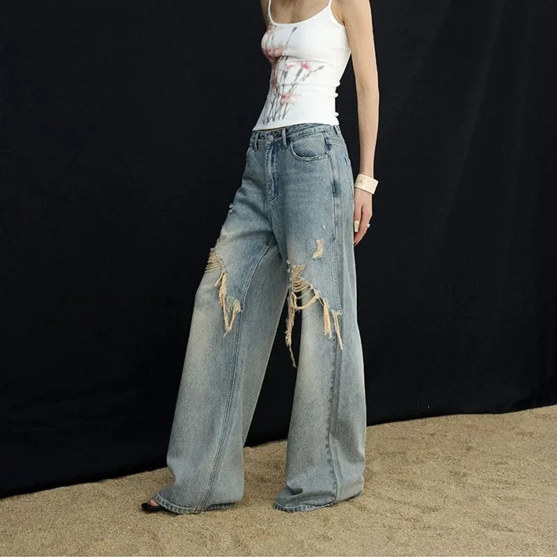 2026 New Women's Jeans Trendy Brand High Street Splicing Distressed Loose Casual Wide Legs Straight Long