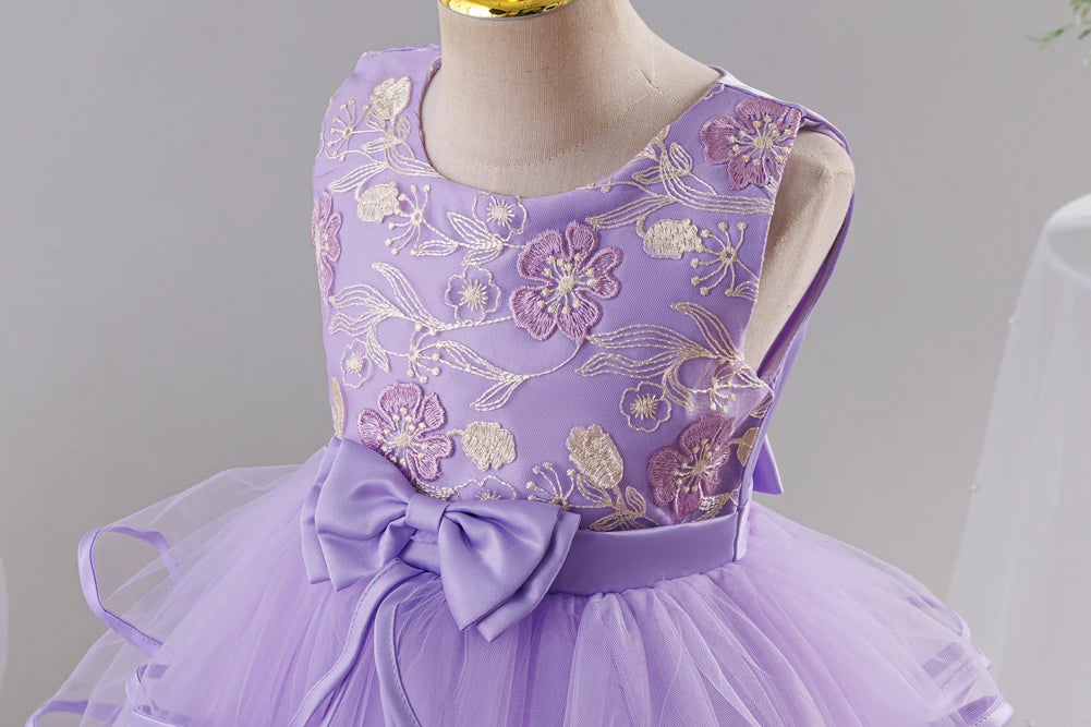 Girls Princess Dress Sleeveless Lace Embroidery Tiered Tulle Bow Formal Evening Gown for Wedding Birthday Party Christmas