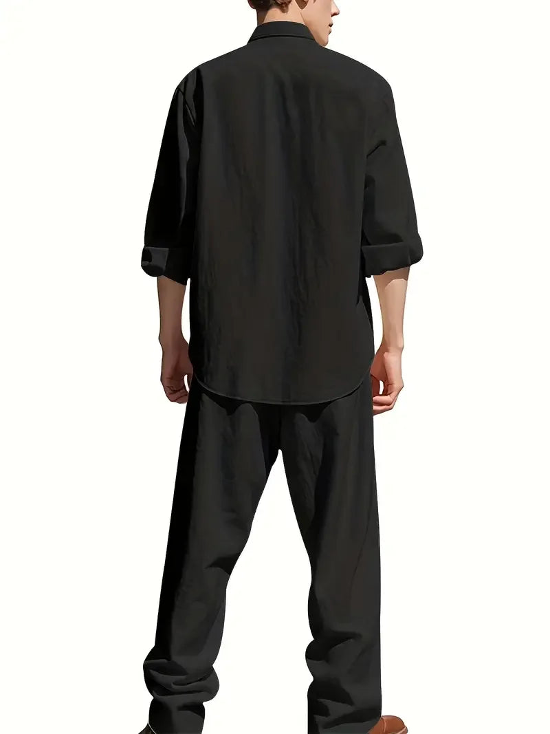 Men's White Linen Suit Set Long Sleeve Henley Shirt and Elastic Waist Pants Two Piece Outfit Summer Casual Comfortable