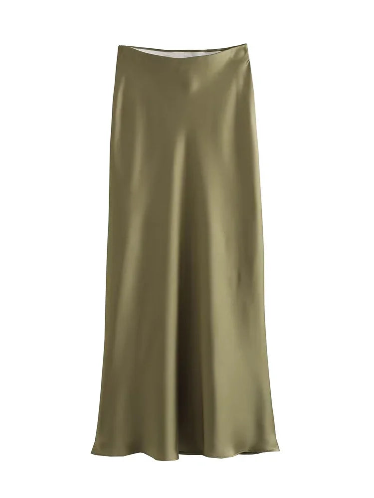 Willshela 2024 Black Satin Skirt Woman High Waist Elegant Long Skirts For Women Fashion Summer Midi Skirt Office Women's Skirts