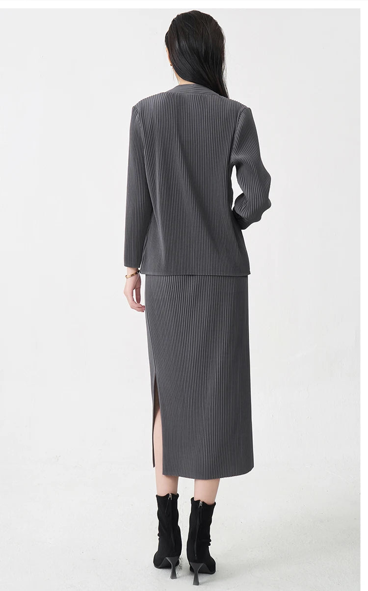 Fast Shipping Women's Fashion Set High Quality Top and Skirt Two Piece Office Set Miyake Pleated Set
