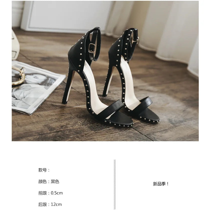 Women Sandals High Heels 2025 Summer Thin Heel PU Leather Rivet Peep Toe Sexy Party Shoes Sandalia Feminina Zapatos Mujer