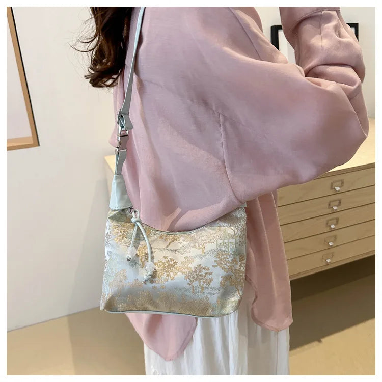 Designer Luxury Bags Woman Sweet Embroidery Shoulder Bag Nylon Texture Pearl Pendant Crossbody Handbag Bucket Handbag Women Girl