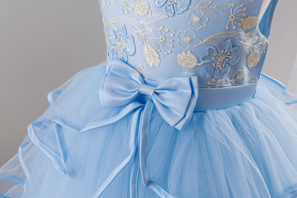 Girls Princess Dress Sleeveless Lace Embroidery Tiered Tulle Bow Formal Evening Gown for Wedding Birthday Party Christmas