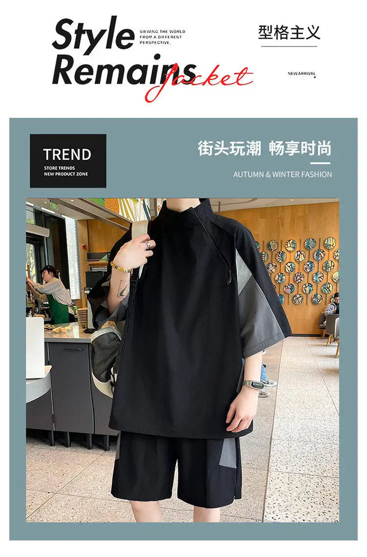 【T-Shirt + 5-Point Shorts】Men's T-Shirt Set Summer Fashion Nylon Blend Diagonal Neck Streetwear Sports Leisure Two-Piece Suit