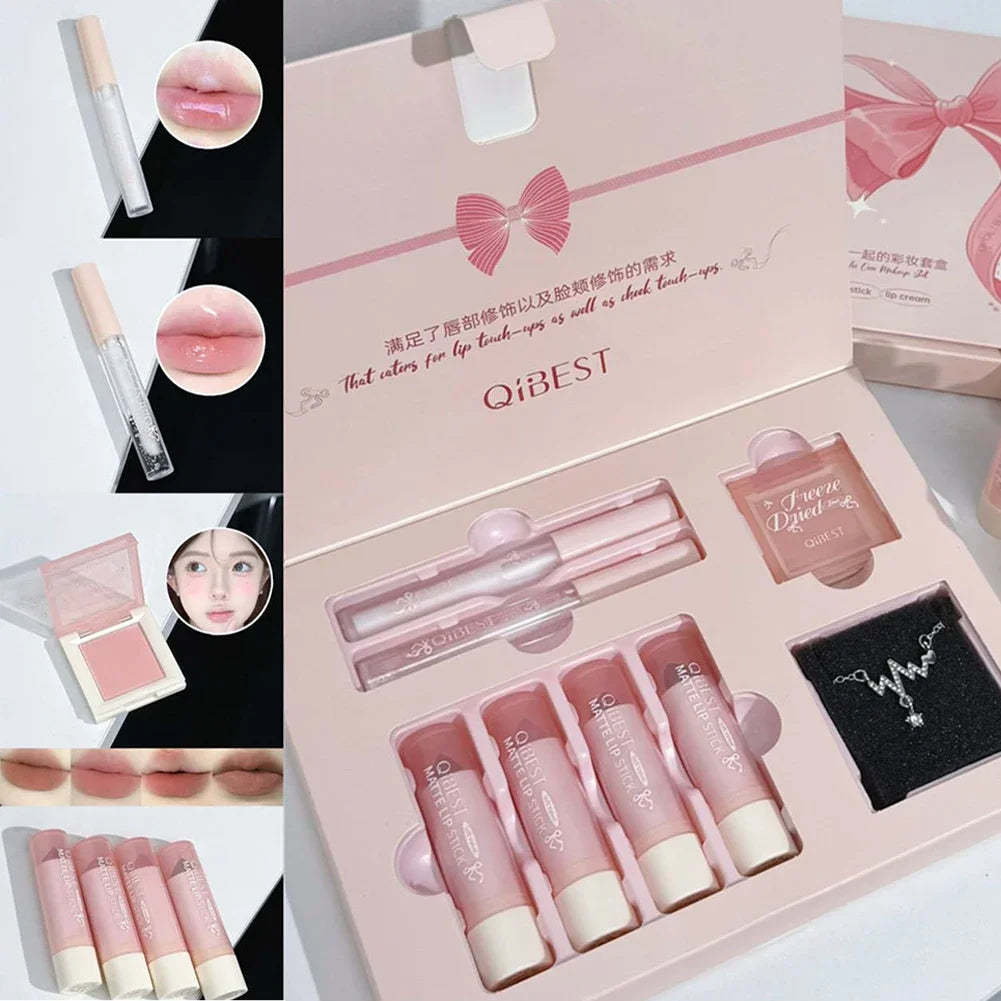 8Pcs Makeup Set Include 4pcs Velvet Nude Matte Liquid Lipstick And 1pc Face Blush Palette With Necklace Gift Cosmetics