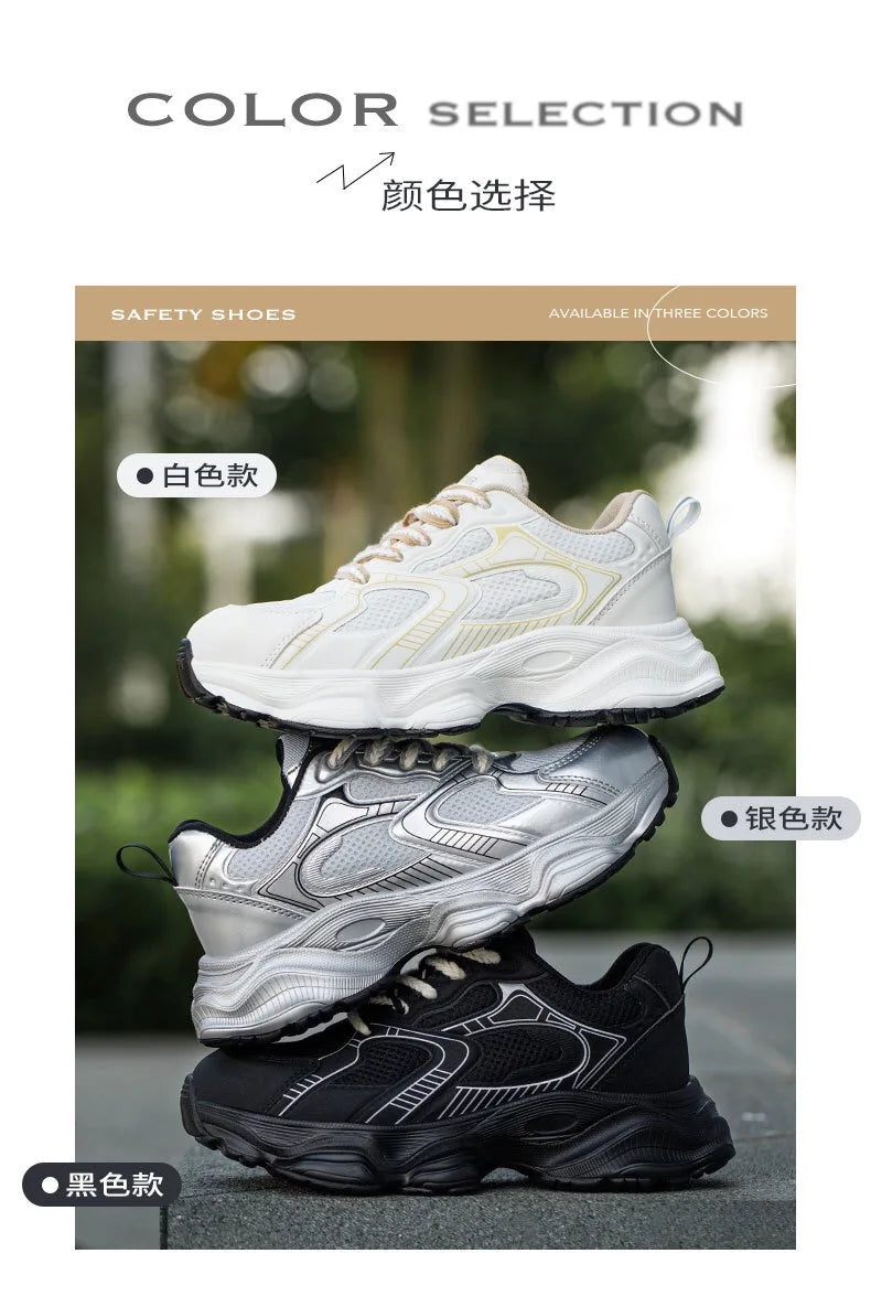 Women's safety shoes with steel toe caps, anti smashing and anti puncture rotating buttons, no tie up, hot selling shoes