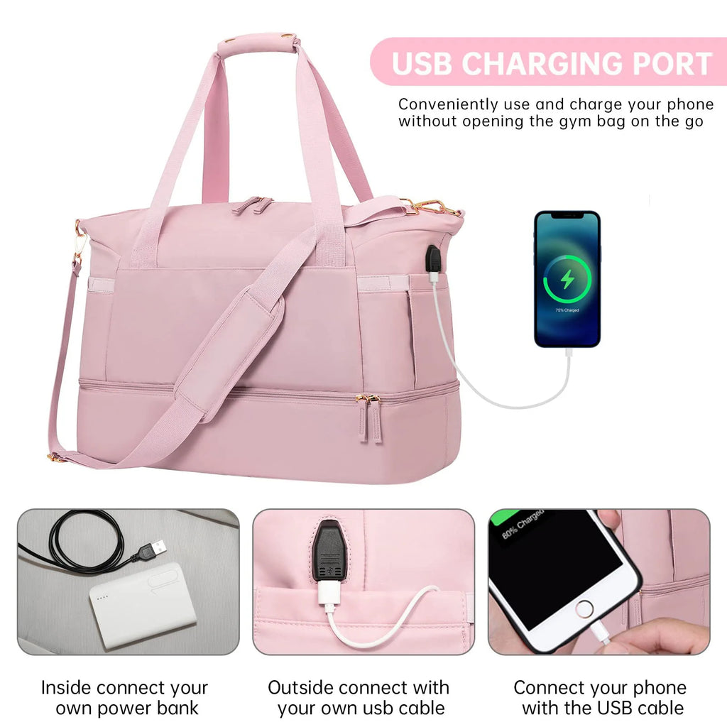 2Pcs Weekender Bag for Women Gym Bag with USB Charging Port Travel Duffle Bag Shoe Compartment Carry on Overnight
