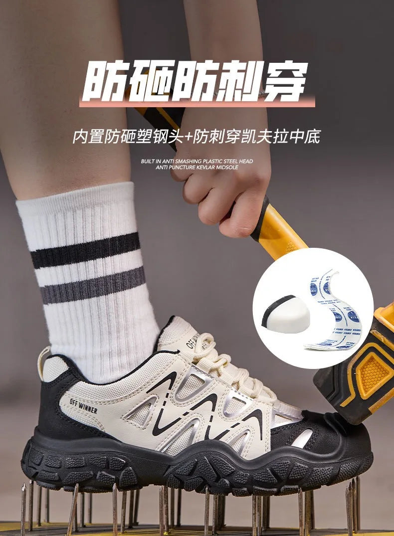 Women's safety shoes with steel toe caps, anti smashing and anti puncture rotating buttons, no tie up, hot selling shoes