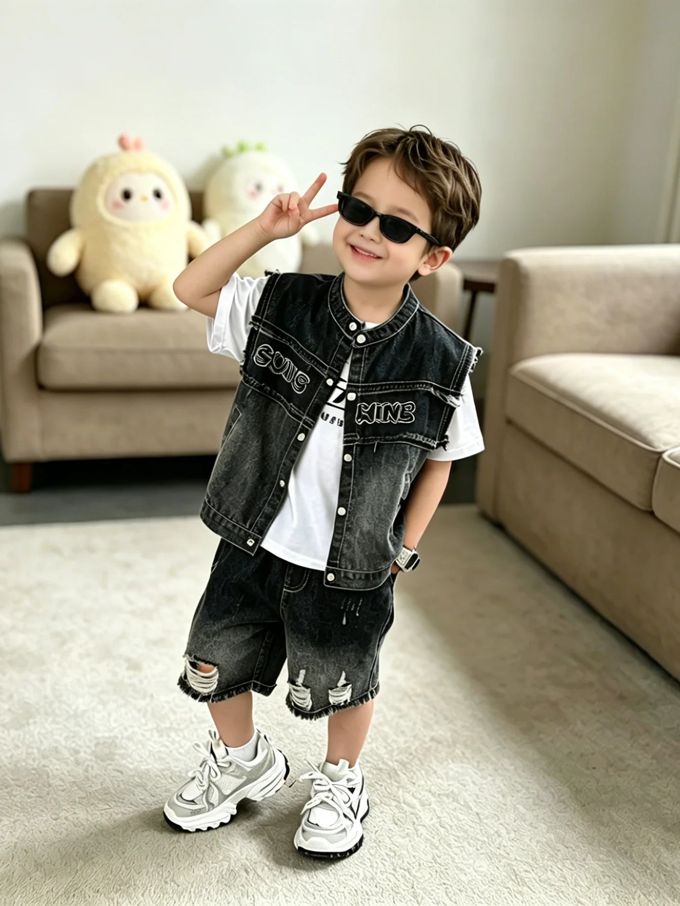 Kids Boys Streetwear Denim Vest & Shorts Set, 2026 New Fashion Black Washed 2PCS Outfit, Casual Loose Fit Summer Suit For Daily