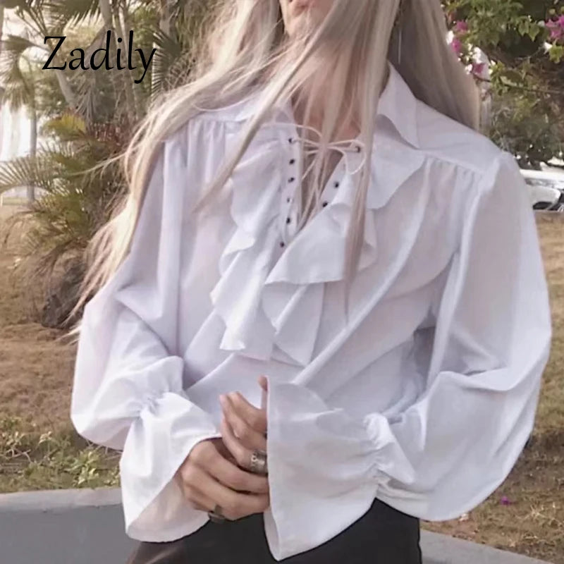 2025 New Women Pirate Shirt Vampire Prince Poet Shirts Medieval Buccaneer Frills Lace Up Renaissance Vintage Gothic Blouse Tops