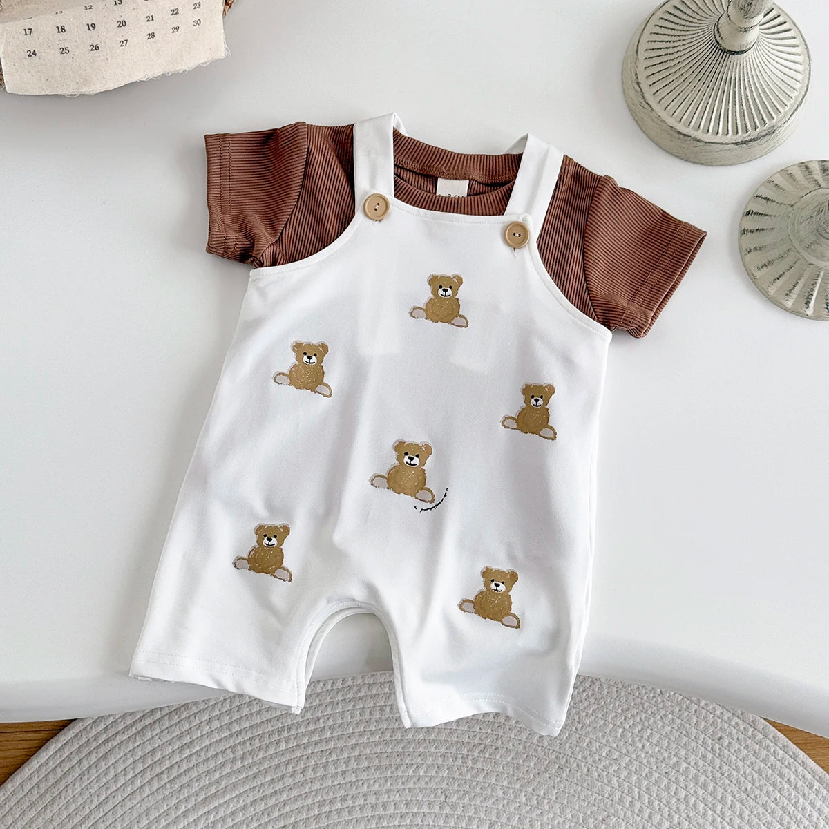 INS Summer Baby Girls Clothes Bear Patchwork Romper Baby Boys Bodysuit Clothes+White T-shirt Newborn 0 to 18 months 2Pcs/Set