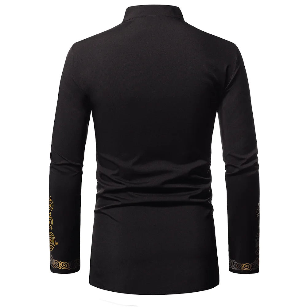 Men's African Style Ethnic Shirt Traditional Tribal Printed Stand Collar Robe Turkish Long Sleeve Dashiki Tops