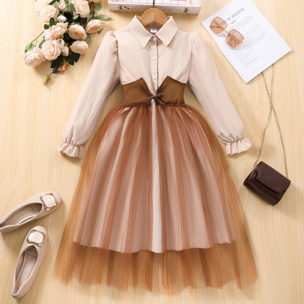 Teen Girls Long Sleeve Dress Waist Seal Net Mesh Patchwork Lapel Casual Dress For 8 9 10 11 12 Years Girls Daily Wear