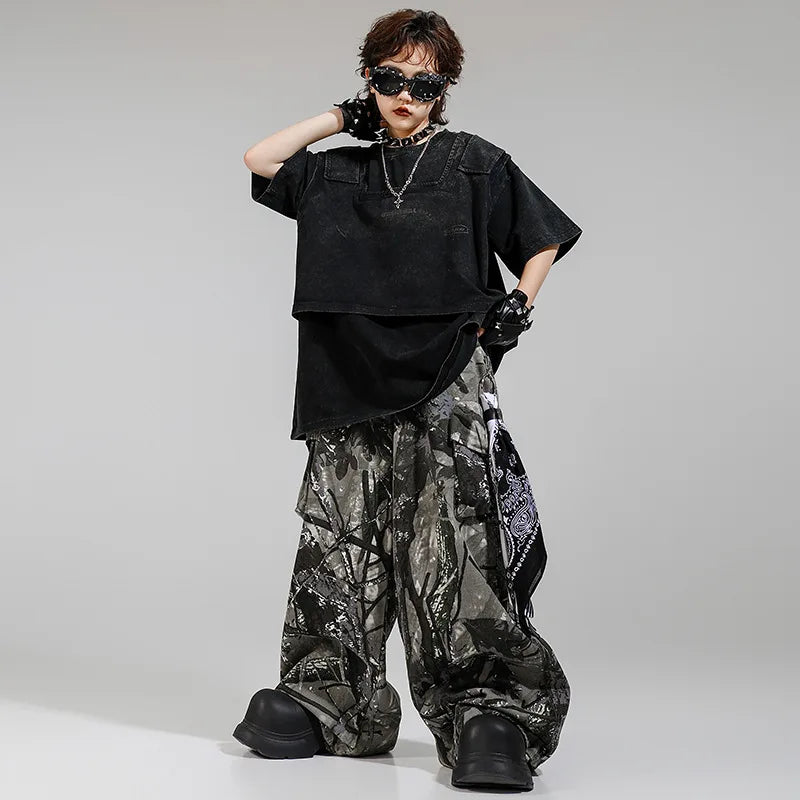 Kid Kpop Clothing Fake-2-Piece T Shirt Leaf Print Streetwear Harajuku Hip Hop Jeans for Girl Boy Jazz Dance Costume Clothes