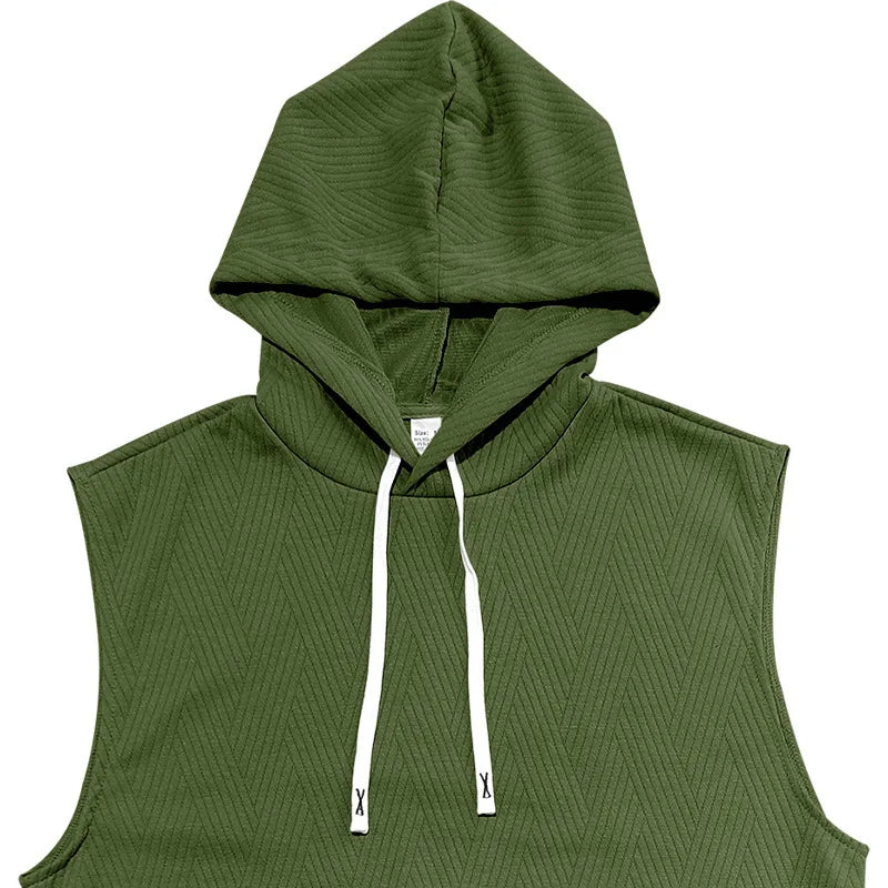 2026 Men's Casual 2 Piece Set Fashion Jacquard Knitted T-shirt Hooded Sleeveless Vest Elastic Waist Shorts Jogging Fitness Suit