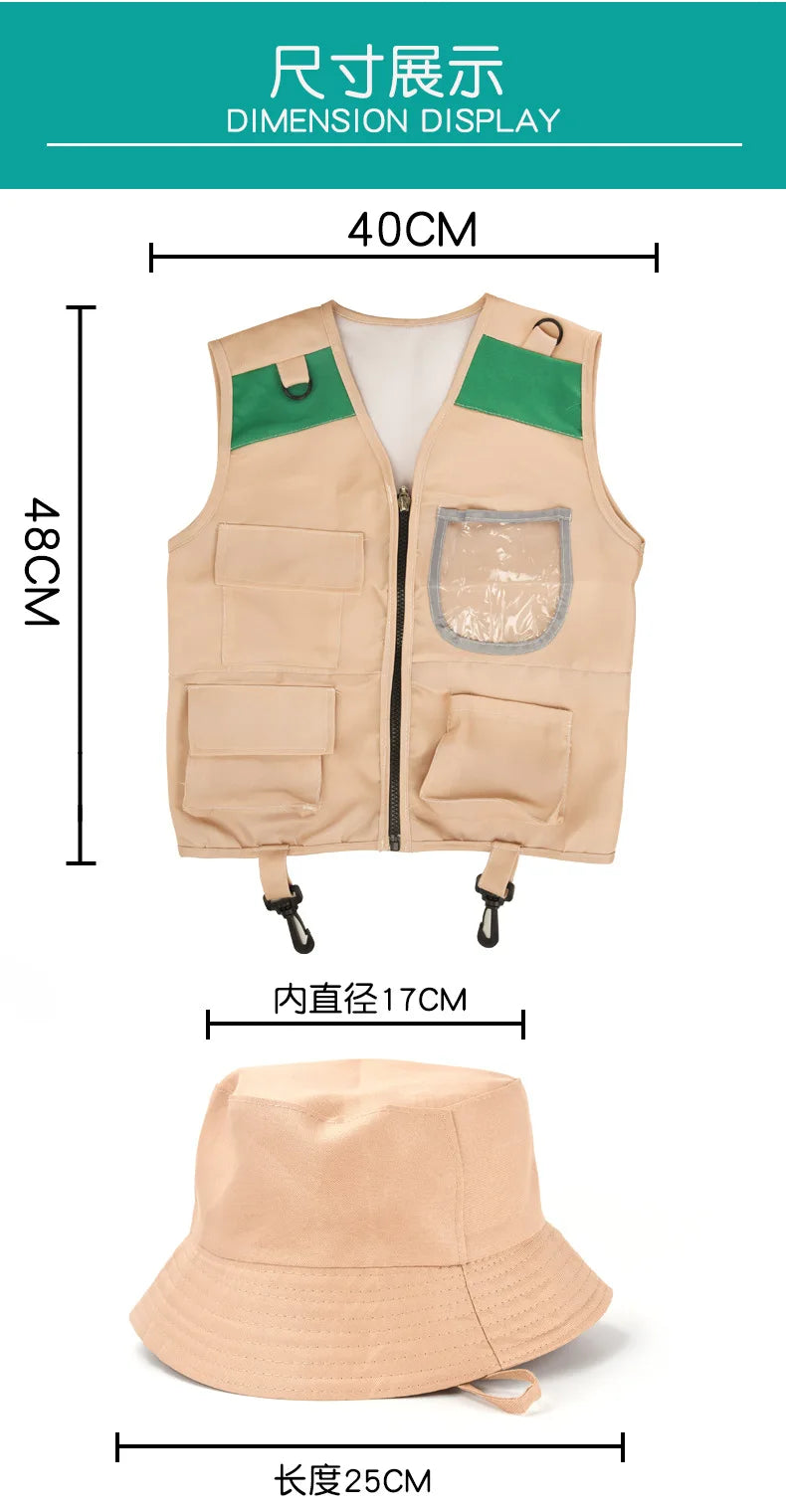 Kids Explorer Vest and Hat Costume Safari Cargo Vest Boys Outdoor Adventure Kit for Young Kids Dress Up Pretend Play Costumes