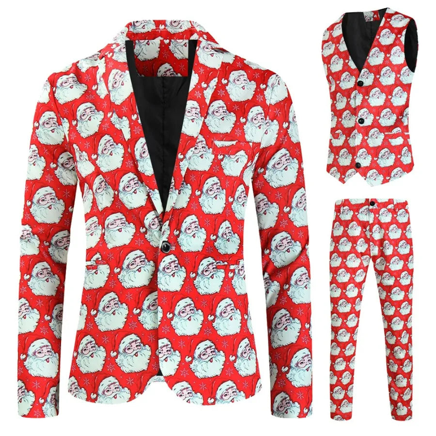 New Men's 3 Piece Christmas Sets Blazers+Vest+Pants 2026 Xmas Printed Men Suit Set Party Stage Dress Up Style Costume Streetwear