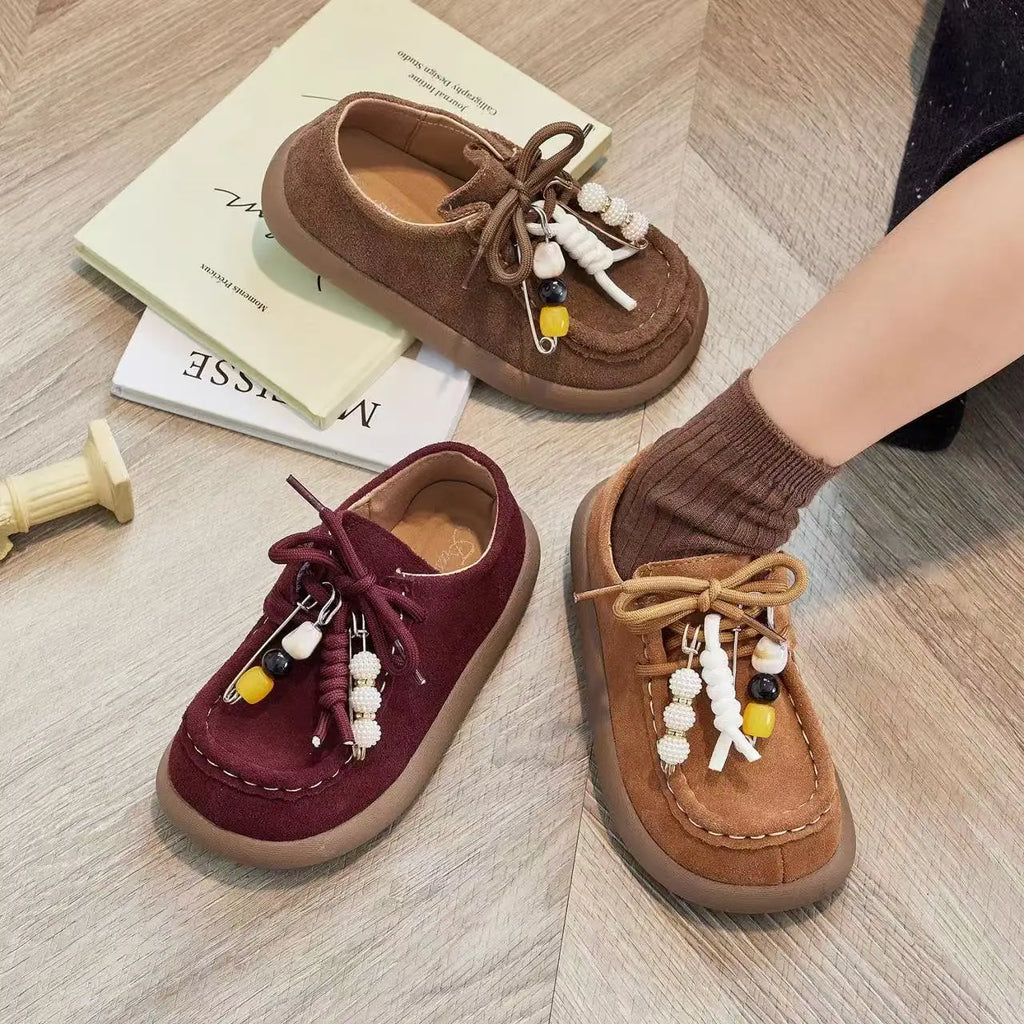 Boys Girls Leather Shoes with Cute Beaded 2025 New Autumn Toddler Walking Shoes Soft Sole Simple Versatile Kids School Loafers