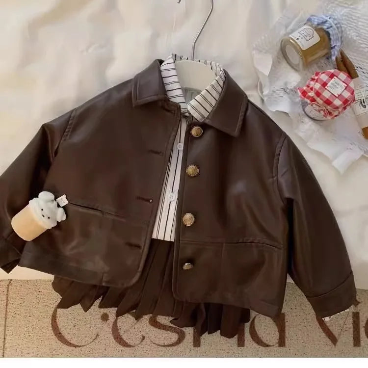 Childrens Suit Spring and Autumn New Korean Girls Fashion Leather Coat Striped Shirt Solid Color Pleated Skirt Three Piece Set