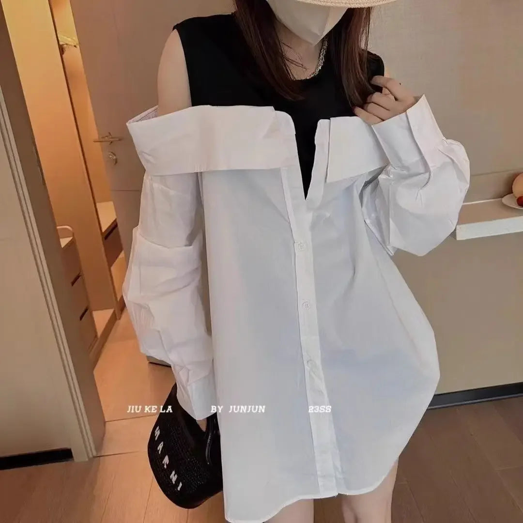 French Off Shoulder Blouses Women Slim and Loose Tank Top Spliced Long Sleeve Shirts Autumn Round Neck Fashion Shirts Women Top