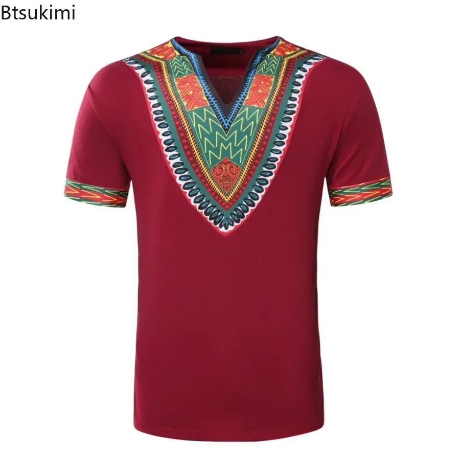 2026 Men's African Traditional Clothing Men Dashiki Short Sleeve T-shirt Fashion V-neck Printed Ethnic Style Casual Tops for Men
