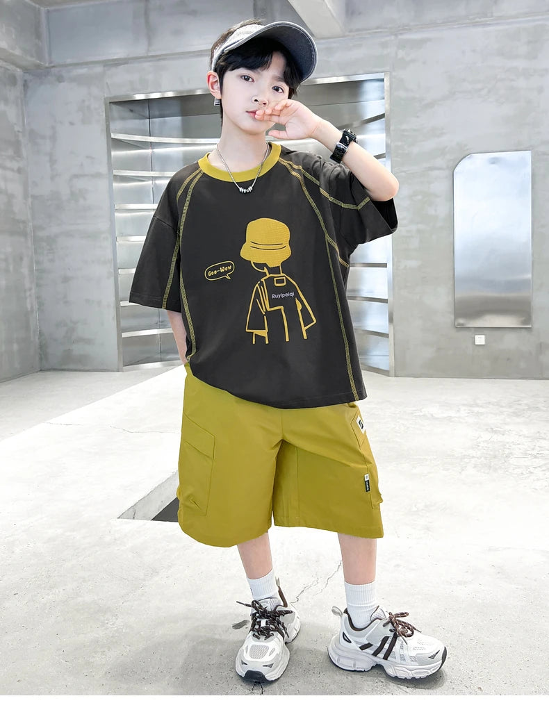 Teenage Summer Tracksuit for Boy with Shorts Tshirt 2 Piece Top and Bottom Clothes Set Kids Child Casual Cotton Outfit Suit Wear