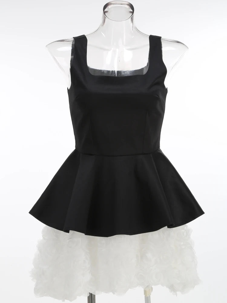 Women Floral Skirt Three Piece Sets Sexy Black Straps Top + Embroidered Sequins Bra + A-line Mini Skirts Suits Evening Cocktail