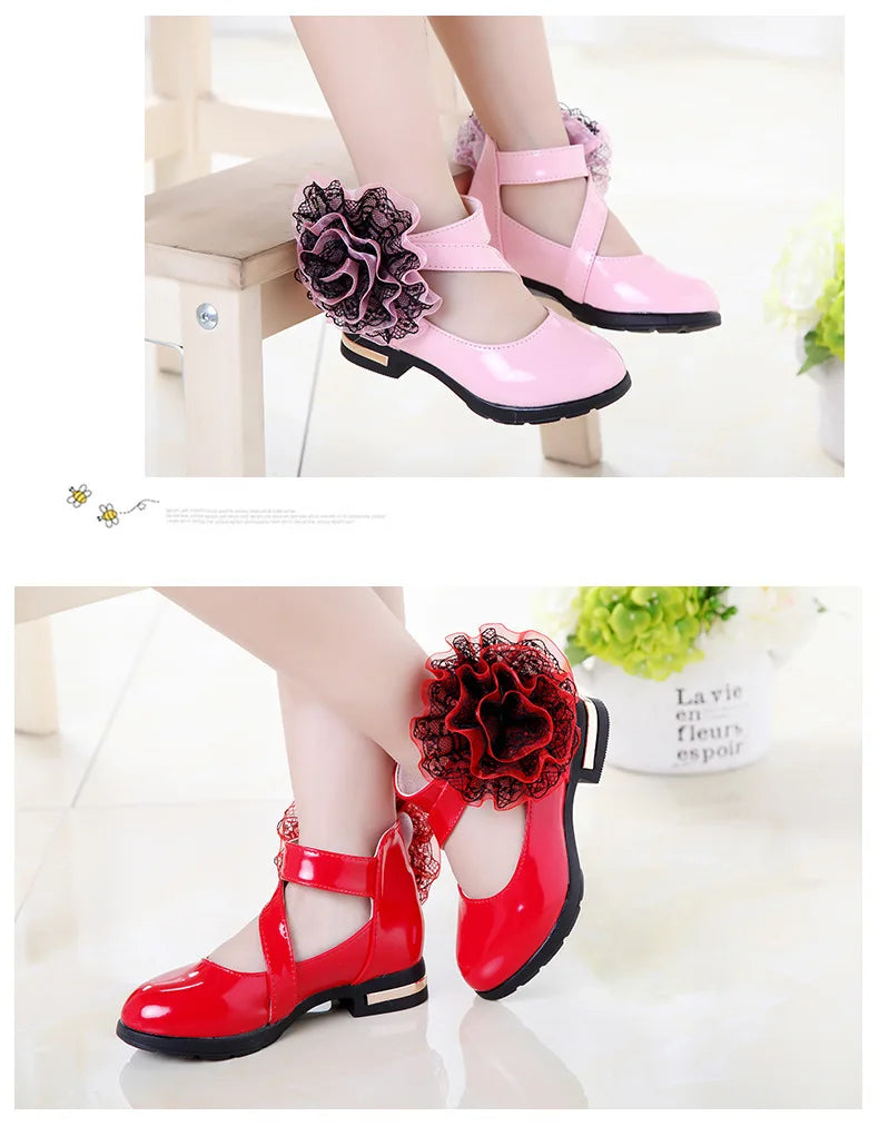 Girls Leather Shoes for Party Wedding Kids Performance Shoes with Butterfly-knot Fashion Children High Heels Rhinestone Shoes
