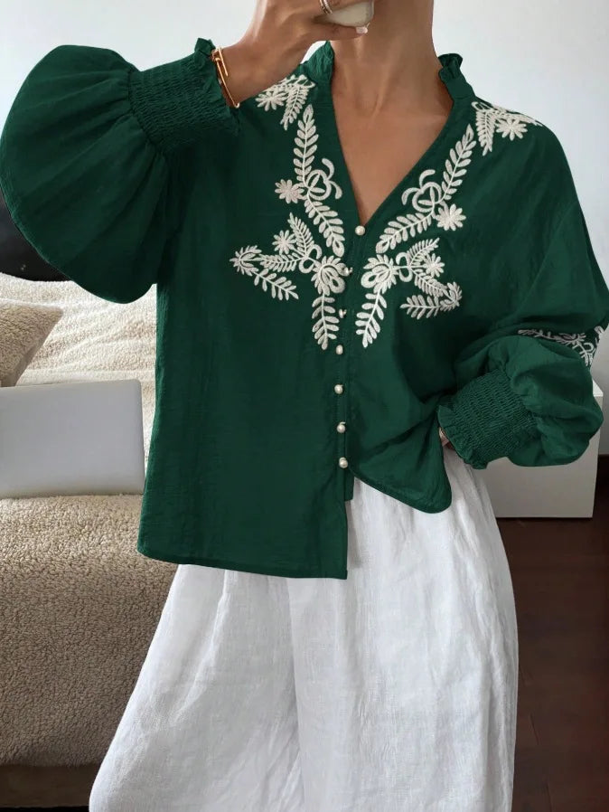 Women Autumn Single Breasted V-neck Blouses and Shirts Ladies Casual Embroidery Long Sleeve Shirt Tops
