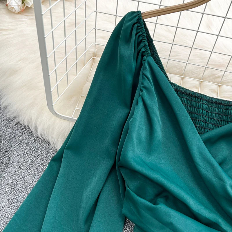 Beiyingni 2022 Spring Summer V-neck Blusas Women Plain Sexy Elastic Long Puff Sleeve Blouses Ladies Chic Ruched Crop Tops Female