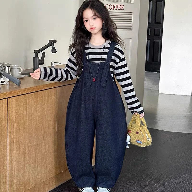 Girls 2 Piece Outfit Korean Style Kids Striped Long Sleeve T-shirt + Loose Denim Overalls Set Spring Autumn Children's Clothing