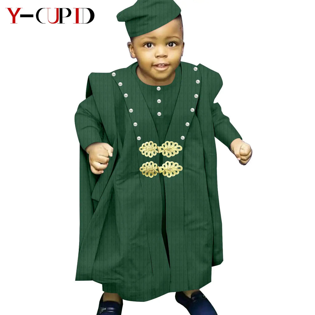 African Boy Outfit Bazin Riche Muslim Jacquard 4 Pieces Sets Tee Pant Robes and Cap Kids Children Suits Agbada Outwear Y234017