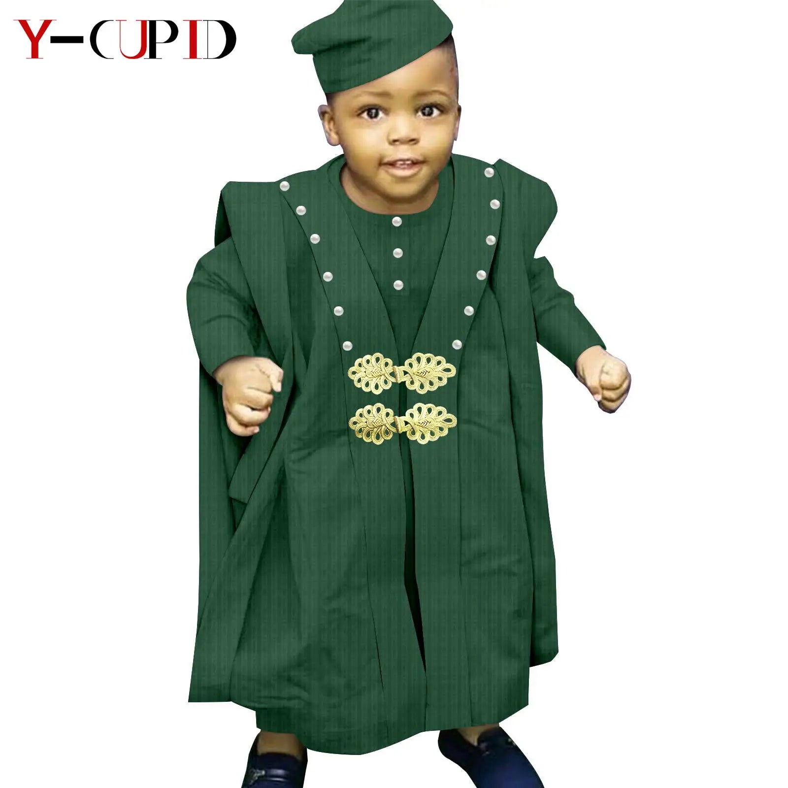 African Boy Outfit Bazin Riche Muslim Jacquard 4 Pieces Sets Tee Pant Robes and Cap Kids Children Suits Agbada Outwear Y234017