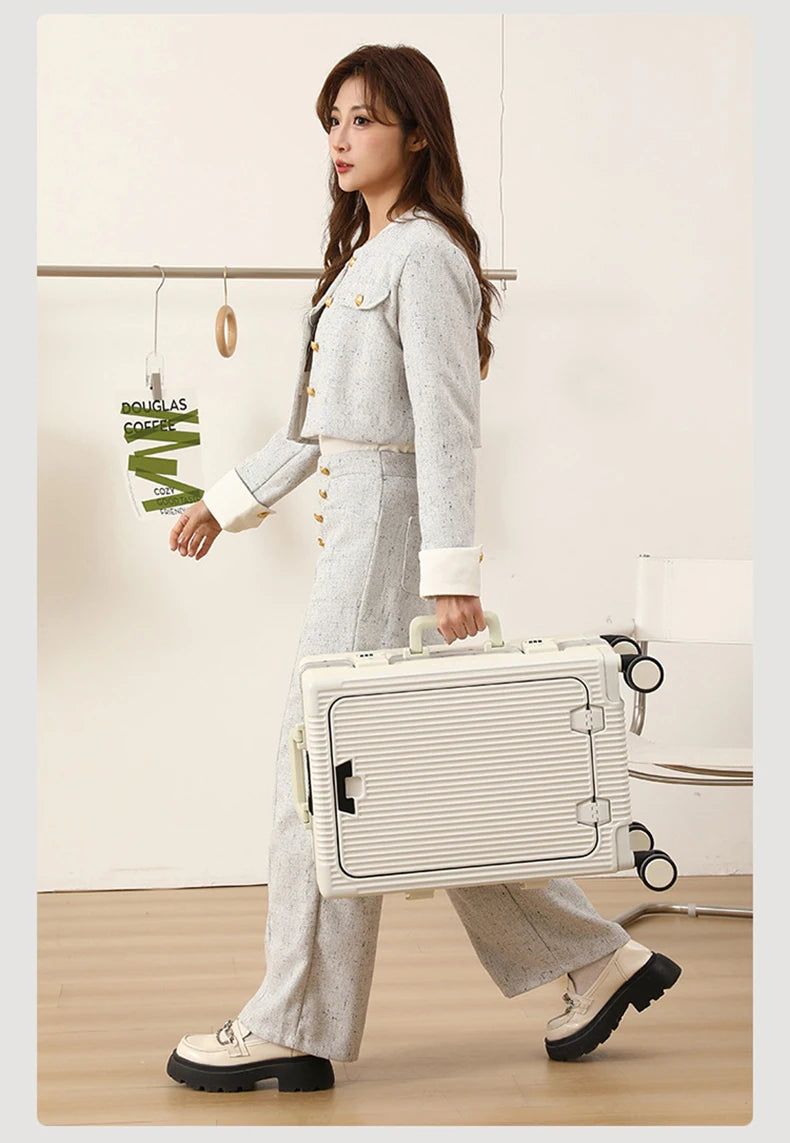 New Travel Luggage Multifunctional Aluminum Frame Trolley Suitcase with USB Cup Holder Large Capacity Bag Boarding Box Suitcase