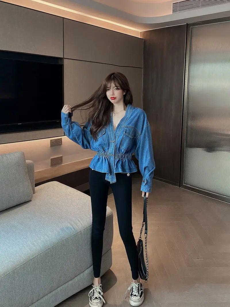 Jean Jacket V-neck Pleated Waist Slim Coat Women's Autumn Korean Fashion Personalized Irregular Shirt Loose Casual Denim Tops