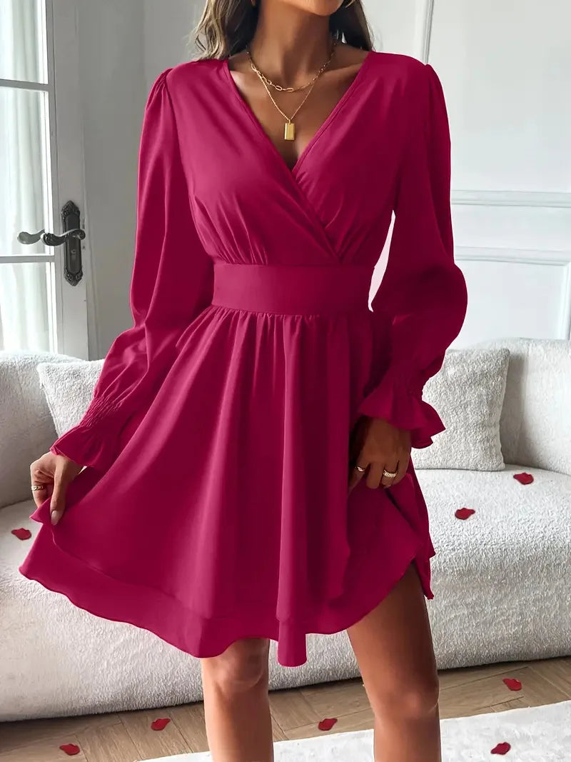 Summer New Dresses 2026 Woman Clothing V-Neck Lantern Sleeve Wrap Mini Dress Ruched Waisted Dress Elegant for Spring Party Dress