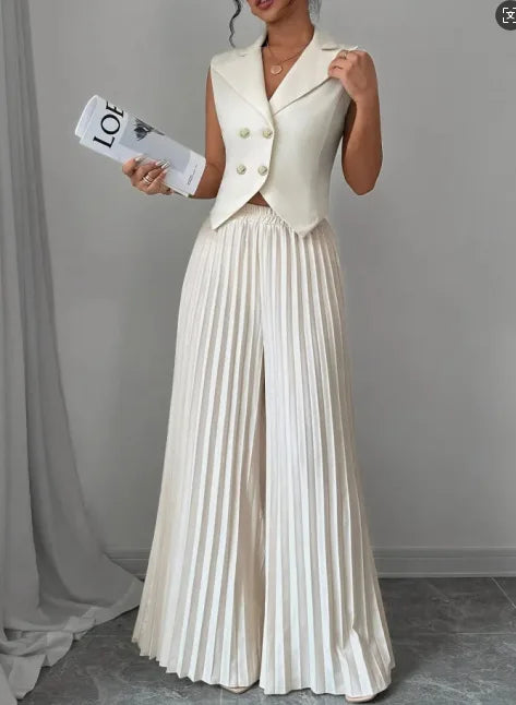 Elegant Formal Women Vest Trousers 2 Pieces Spring New Fashion Retro Wide-leg Pleated Pants Slimming Sleeveless Vest Female Set